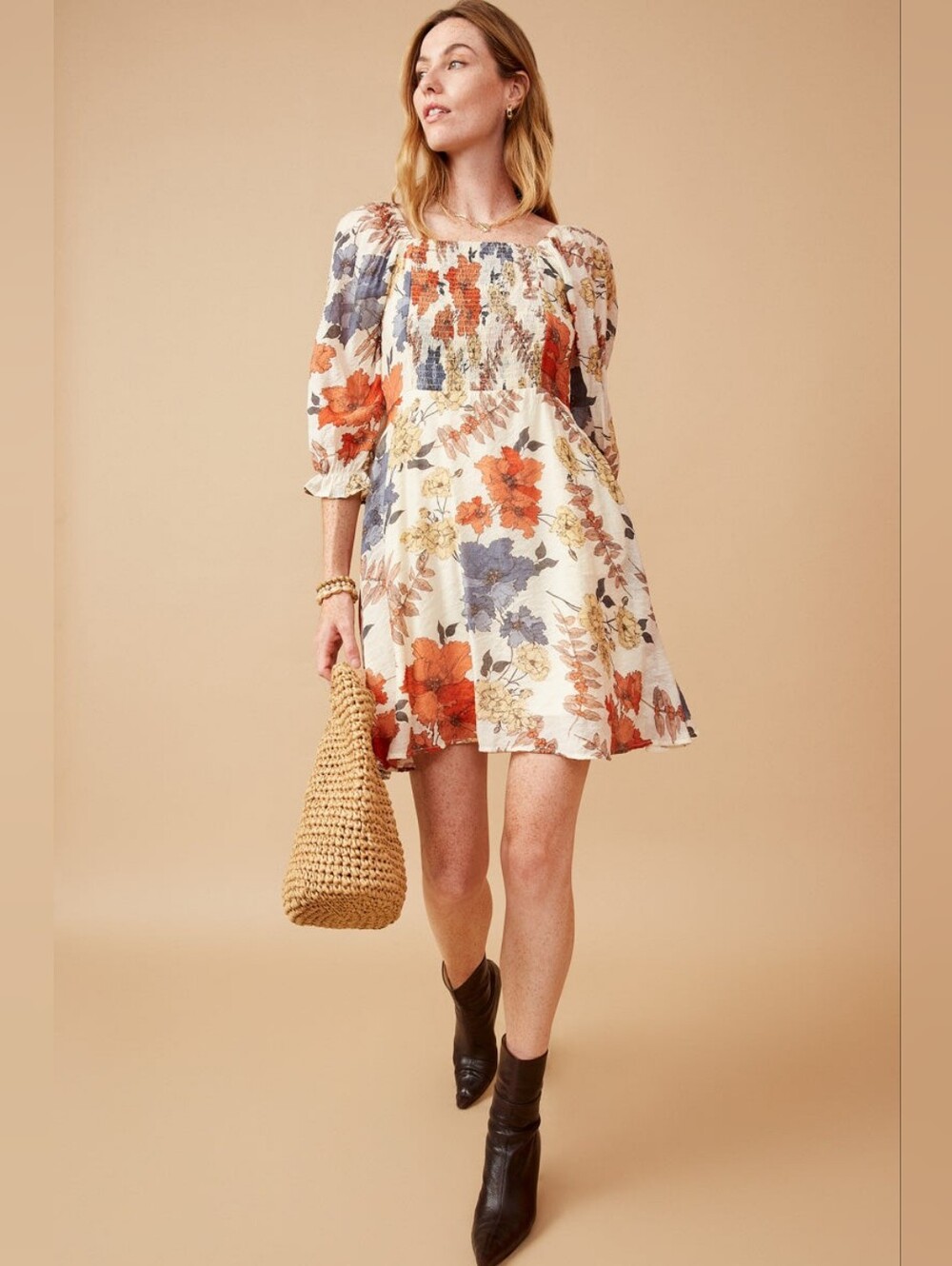 Hayden La Floral Smocked Mini Dress in Cream and Orange Fall Floral 2x Plus